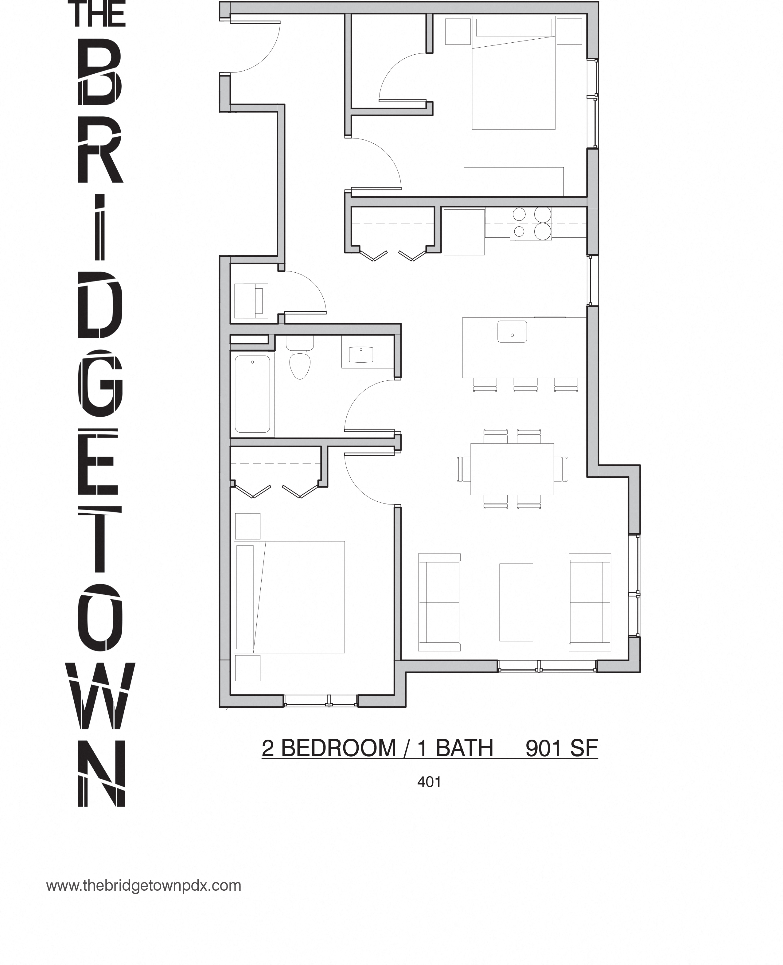 Floor plan for 2 beds, 1 bath, 901 sqft